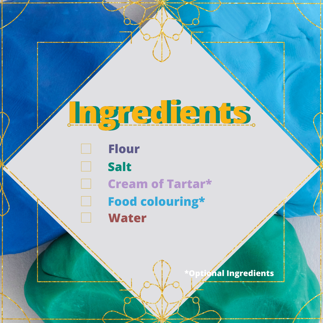 Ingredients: flour, salt, cream of tartar (optional), food colouring (optional) and water
