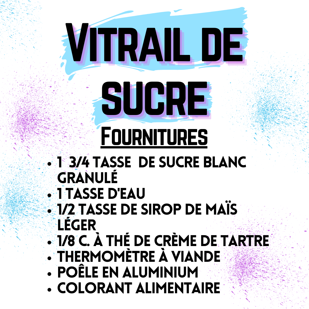 Fournitures : 1) 1 3/4 tasse de sucre blanc granulé 2) 1 tasse d'eau 3) 1/2 tasse de sirop de maïs léger 4) 1/8 c. à thé de crème de tartre 5) thermomètre à viande 6) poêle en aluminum 7) colorant alimentaire 