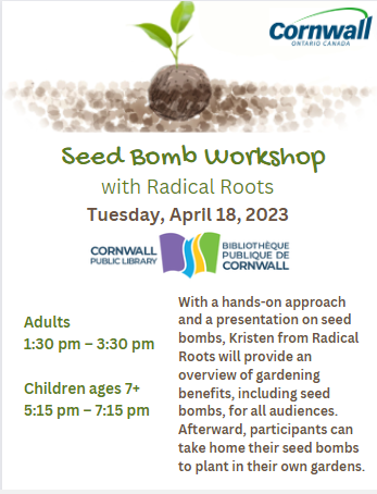 Seedbomb Workshop with Radical Roots on Tuesday, April 18, 2023 for Adults @ 1:30 P.M. and for Children @ 5:15 P.M.