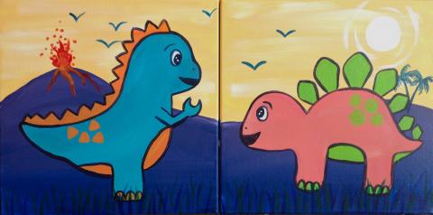 2 dinosaurs facing each other with volcano in background