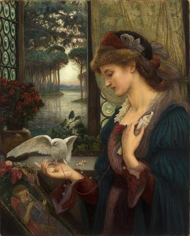 Bird eating out of woman's hand | Loves Messenger by Marie Spartali Stillman