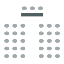 Room setup icon showing chairs in rows with speaker table and chairs at the front of the room