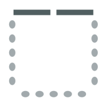 Icône de configuration de la pièce montrant des chaises disposées autour des murs avec des tables à l'avant de la pièce