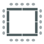 Icône de configuration de la salle montrant des tables disposées en carré avec des chaises disposées autour de l'extérieur
